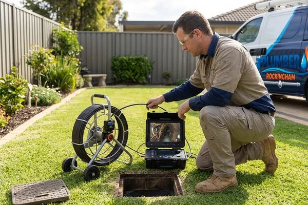 CCTV drain camera inspection showing tree root intrusion in sewer pipe