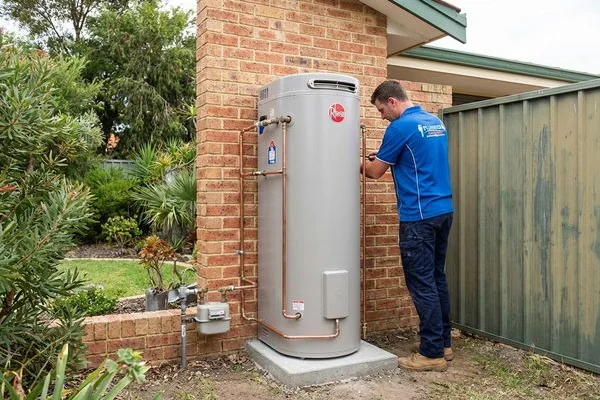 New Rheem hot water system installed on exterior wall of Rockingham home