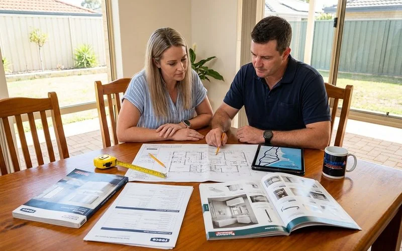 Bathroom renovation planning phase with fixture catalogues floor plan drawings and plumbing specification documents on a table