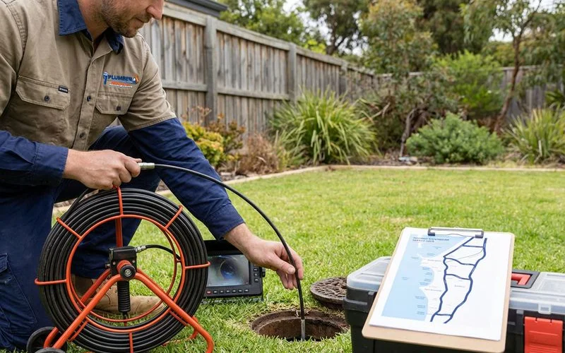 CCTV drain camera being inserted into a residential drain access point by a licensed plumber in Rockingham