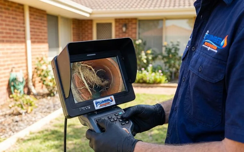CCTV drain camera inspection screen showing inside view of a pipe with tree root intrusion causing recurring blockages
