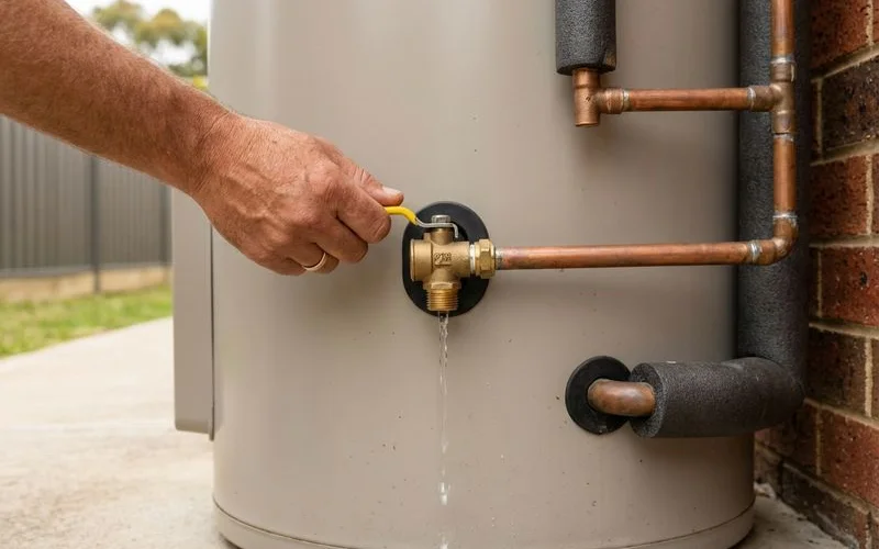 Close up of a pressure and temperature relief valve on a hot water system being tested by a plumber in Rockingham