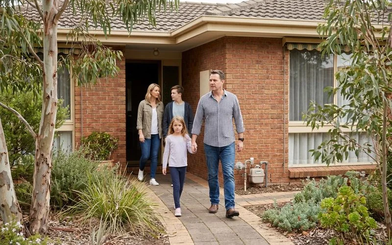 Family evacuating their home safely through the front door after detecting potential gas leak warning signs inside