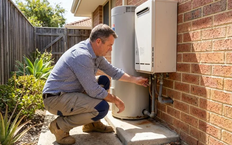 Homeowner performing visual inspection of outdoor hot water system checking for leaks corrosion and clearance issues