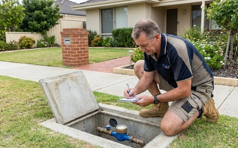Homeowner reading and recording their water meter reading as part of a weekly water usage monitoring routine in Rockingham