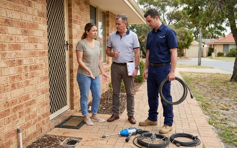Landlord and tenant discussing blocked drain responsibility at a Rockingham rental property with plumber present