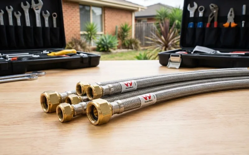 New premium quality watermark certified flexi hoses ready for installation with brass fittings and thick braided steel casing