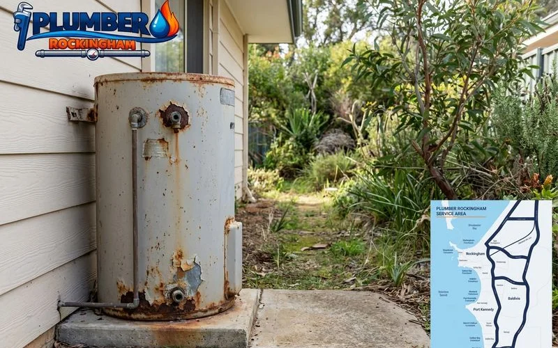 Old weathered hot water system over ten years old showing age related wear and corrosion at a Rockingham property