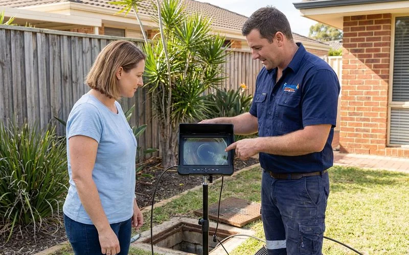 Plumber explaining CCTV drain inspection results and repair options to a Rockingham homeowner with report and footage