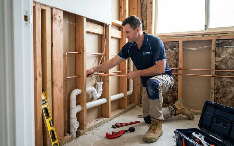 Plumber installing copper water supply pipes and PVC waste pipes in a bathroom wall during the rough in renovation stage