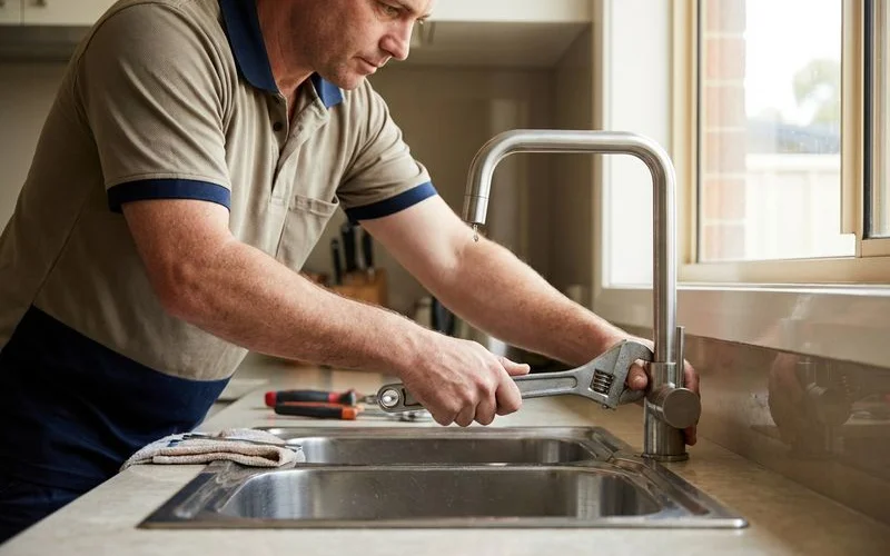 Plumber tightening a tap fitting to fix a dripping kitchen tap as part of water conservation maintenance in a Rockingham home