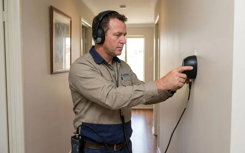 Plumber using acoustic leak detection equipment on a wall to locate a hidden water leak inside the wall cavity