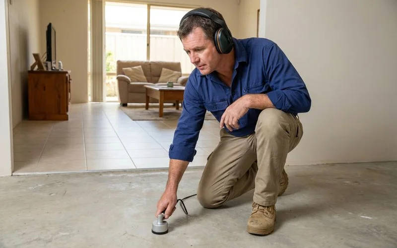 Plumber using specialised equipment to detect a water leak under a concrete slab foundation of a Rockingham residential home