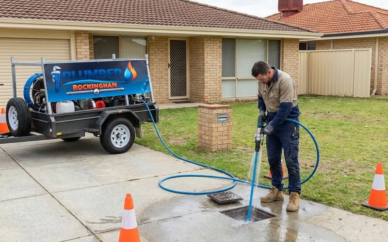 Professional plumber using high pressure water jetting equipment to clear a stubborn blocked drain at Rockingham home