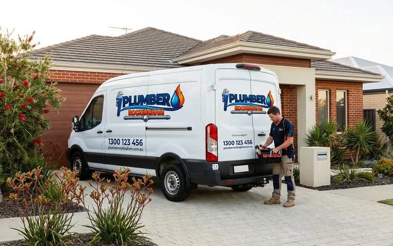 Professional plumber van parked in front of a Rockingham home with visible branding licence numbers and contact information