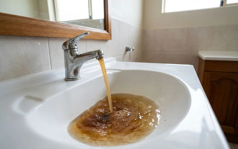 Rusty discoloured water running from a hot water tap indicating internal tank corrosion in a Rockingham home
