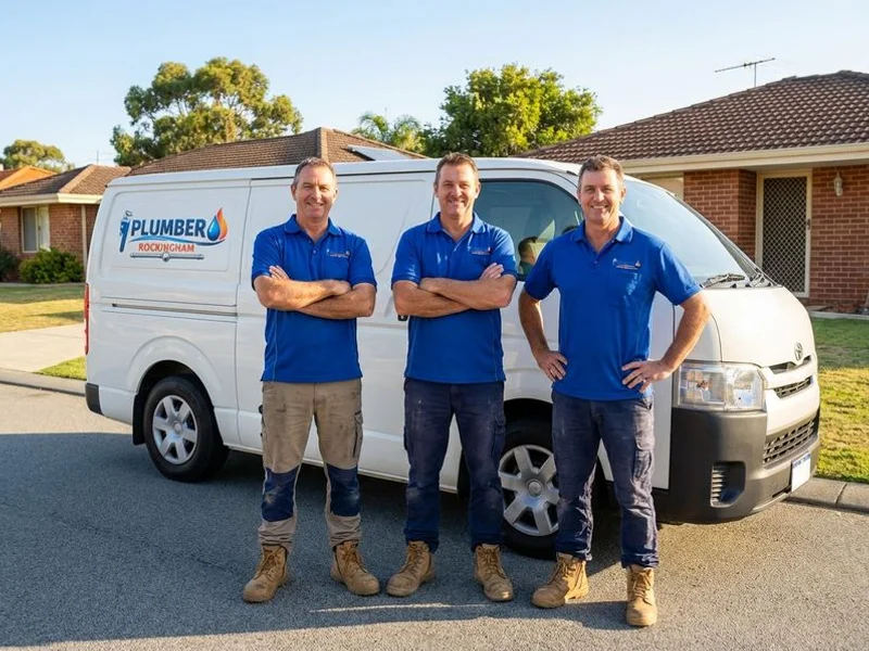 Plumber Rockingham team standing in front of their white work van in Rockingham