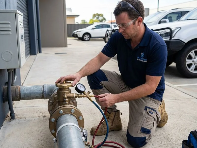 Backflow prevention device being tested at a commercial strata property