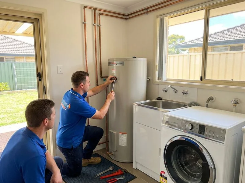 Electric storage hot water system being serviced by a licensed plumber