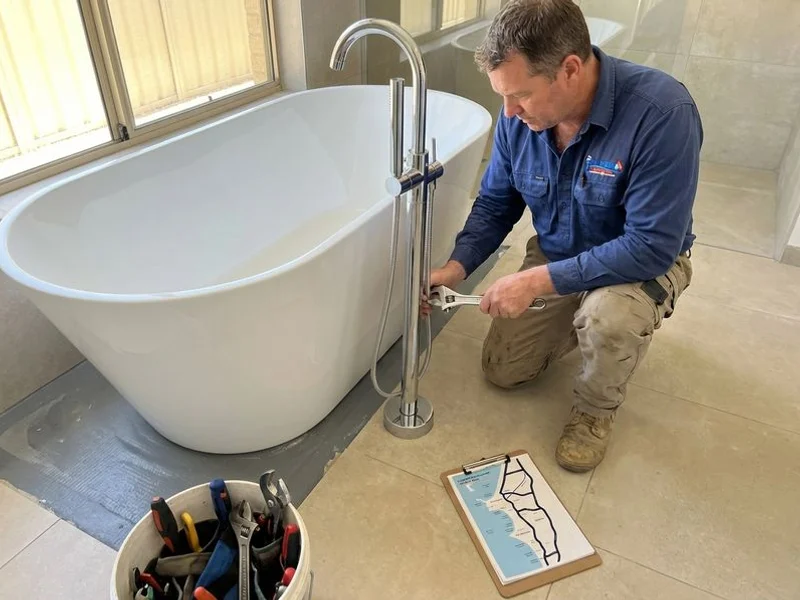 Plumber connecting a freestanding bathtub to a floor-mounted mixer tap