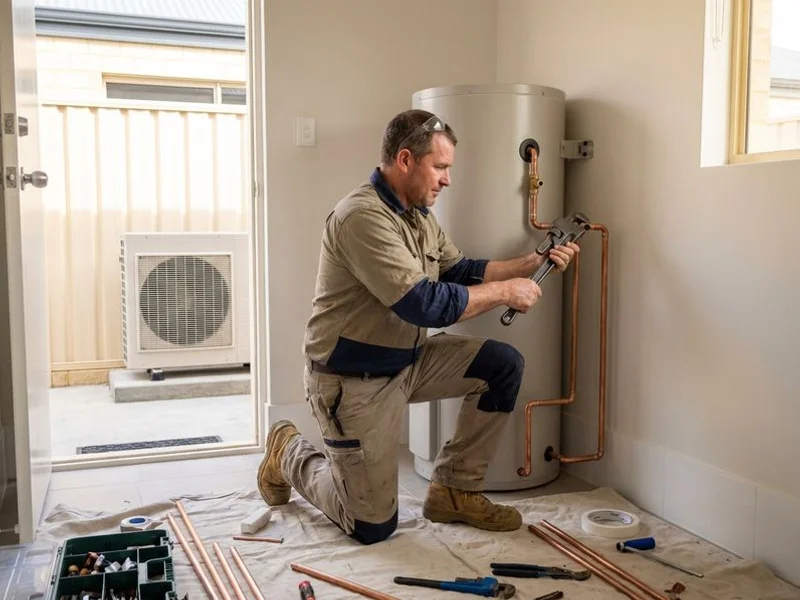 Plumber connecting plumbing lines to a Sanden split system heat pump