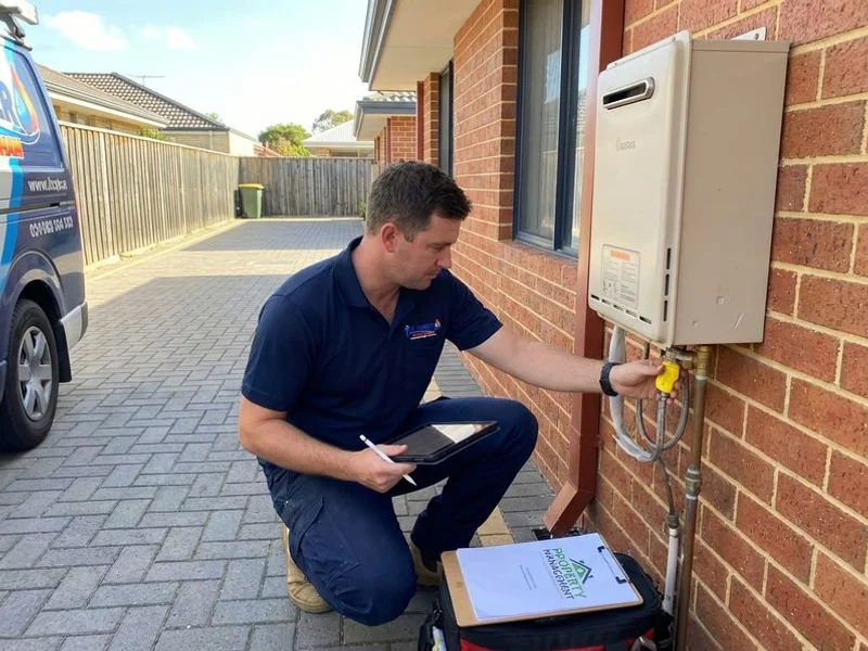 Plumber inspecting hot water system at a Rockingham rental property