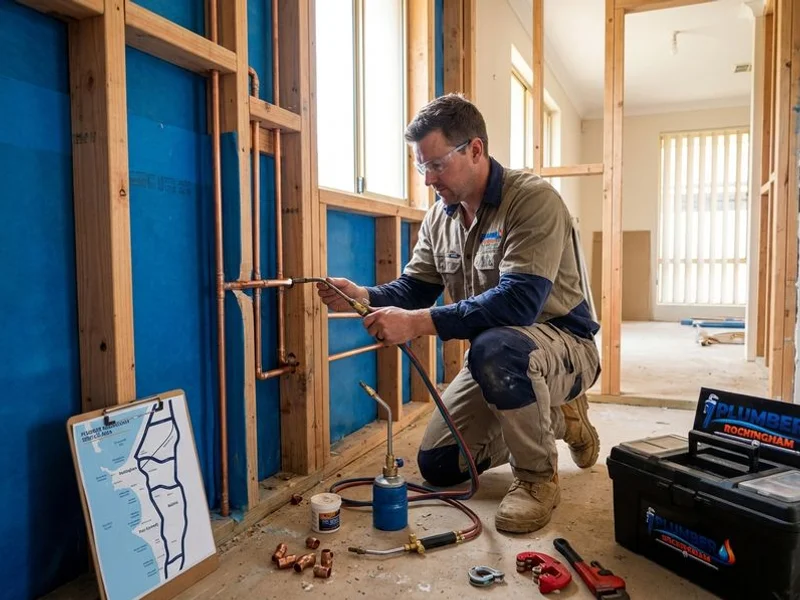 Plumber installing rough-in pipes for a bathroom renovation