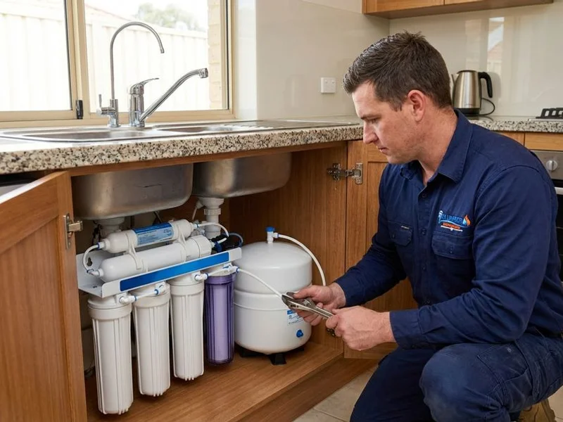 Reverse osmosis filtration unit with storage tank installed under kitchen sink