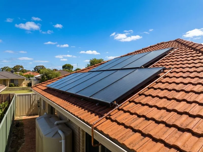 Solar hot water panels installed on a suburban Australian rooftop