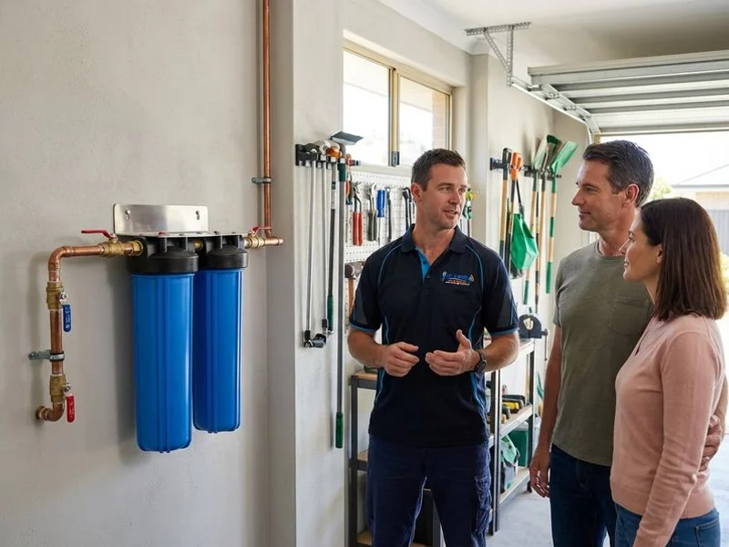 Whole-house water filtration system with dual filter housings on a garage wall